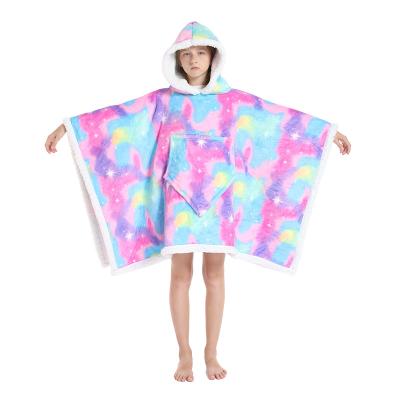 China Anti-Pull Digital Printing Kids Hooded Blanket Poncho Blanket Wrap With Sherpa Fleece Pockets for sale