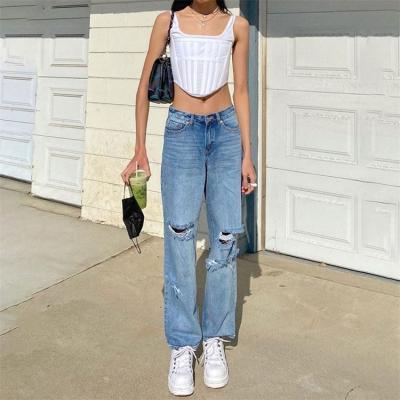 China New Style Breathable Wide-Leg Trousers Pants Cowboy Ripped Jeans Women Streetwear Bell Bottom Waisted Jeans Denim High Top for sale