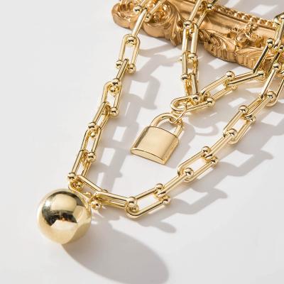 China Hiphop 2021 Women Men Fashion Punk Gold Layered Lock Chain Necklace Pendant Necklace for sale