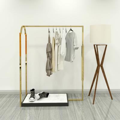 China Stainless Steel Display Rack Gold Metal Clothing Clothes Show Stand Holder Clothes Rail Boutique Hanging Furniture for sale