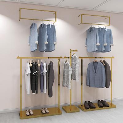 China Custom Retail Stores Boutique Gold Women's Clothing Store Furniture Clothes Men's Garment Display Rack Shelf Rack for sale