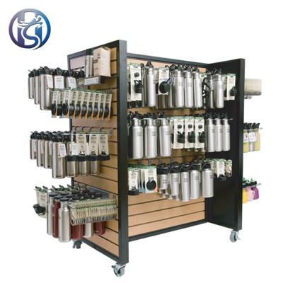 China Stores customized retail store wooden slat wall display stand slatboard display rolling freestanding slatwall for sale