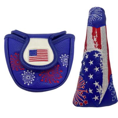 China PU Leather OEM Magnetic Blue Embroidered Custom PU Leather US Flag Head Covers Golf Club Putter Headcover for sale