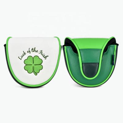 China Lucky Clover Logo Pu Leather Durable White Custom Embroidery Magnetic Golf Headcover Mallet Putter Headcovers for sale