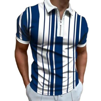 China 2022 Summer Plaid Sleeve Patchwork Polo Shirts QUICK DRY Collar Zipper Design Men's Short Streetwear Turn-Down Classy Casual Stripe Men's Clothing for sale