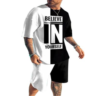 China European and American fashion simple men's simple 3D sports suit casual round neck men's T-shirt QUICK DRY short-sleeved set for sale