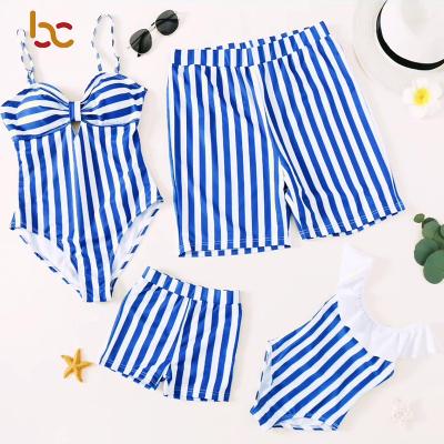 China Plus Size Designer One Piece Swimming Suits For Kids Bikini Beach Shorts Stripe Sling Kids Family Matching Swimwear for sale