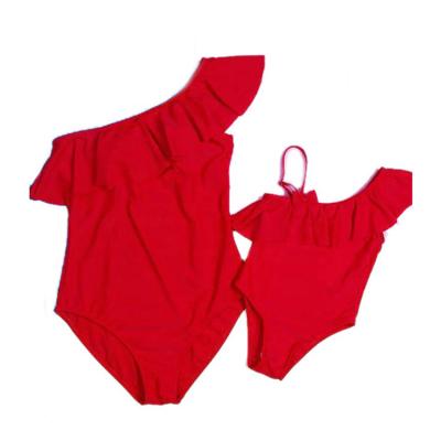 China Women Plus Size Mommy and Me Red One Shoulder Girl Beach Wear Ruffle Kid Bikini Swimwear for sale