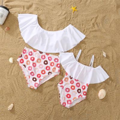 China QUICK DRY High Waisted Ruffle Donut Pattern 2 Piece Swimwear Mum and Kids Family Swimwear Bikini Set for sale