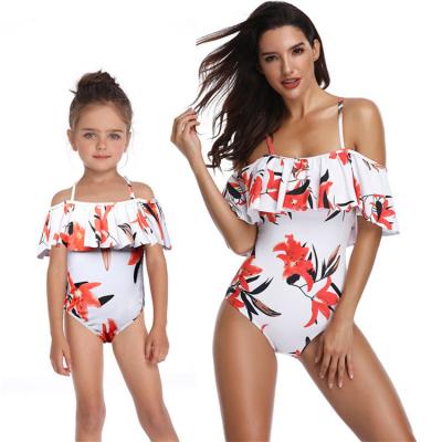 China Vacation White Floral Print Plus Size My Mommy and I Mommy and Me Senior Halter Swimwear Ruffle Beachwear Strappy Swimsuit for sale