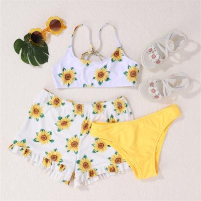 China 2022 Summer Vacation Student Flower Girl Three Piece Swimsuit Strappy Beachwear QUICK DRY KIDS 3 Piece Bikini Set for sale