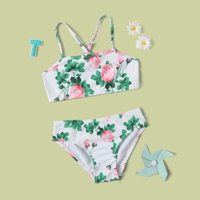 China 130-160cm QUICK DRY tropical floral spaghetti strap kids swimwear bikini set 12 year old girl floral bikini for sale