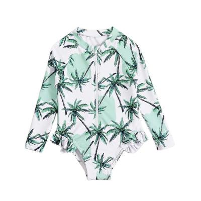 China QUICK DRY Beach Wear Pattern Coconut Tree Kid Swimsuit One Piece Zipper Up Long Sleeve Swimsuit Kids for sale