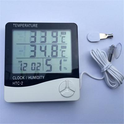 China Desktop Hygrometer Temperature Humidity Clock Meter Outdoor Indoor Digital Thermometer with Probe HTC-2 10.5*9.8*2.4cm for sale