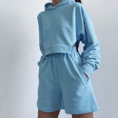 China 2 Piece Set Women Anti Pilling Casual Hoodies And Shorts Long Sleeve Cropped Jogger Sweatshirt Hoodies Set for sale