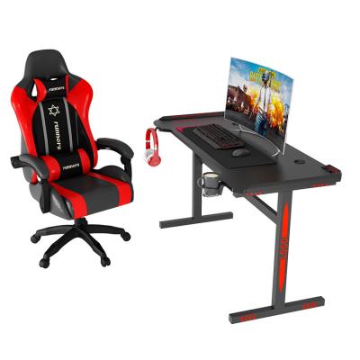 China Easy Installation Simple L-shape Black Wooden Steel Gaming Computer Desk With Led Lights for sale