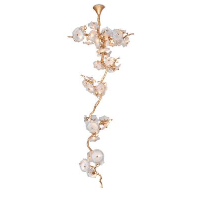 China Modern French Glass Art Copper Chandelier Copper Branch Lotus Leaf Stair Ceiling Lamp Restaurant Crystal Living Room Chandelier Villa for sale