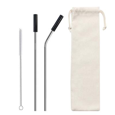 China Sustainable Drinking Straw with Cleaning Brush and 304 Stainless Steel Straw Set Eco Reusable Metal Silicone Tips Straw for sale