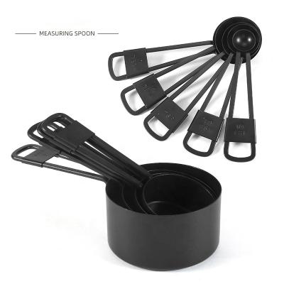 China Viable Black Stainless Steel 9-Piece Measuring Cups and Spoons Set with Leather Ring Connector Cake Kitchen Tools for Baking for sale