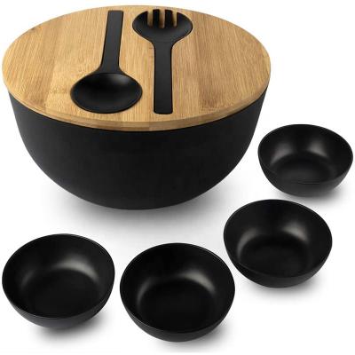 China Sustainable Biodegradable Wood Organic Reusable Bamboo And Salad Bowl Server Set With Lid for sale