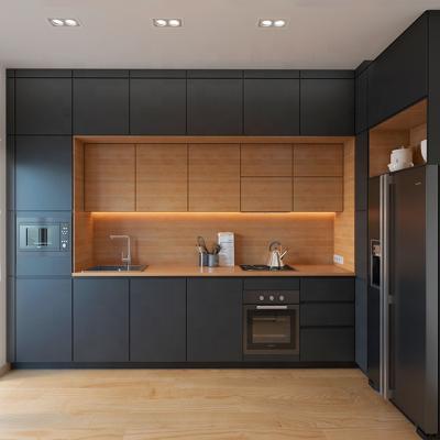 China 2021 New Modern Wood Veneer Matt Lacquer Finished Black Kitchen Cabinet Designs for sale