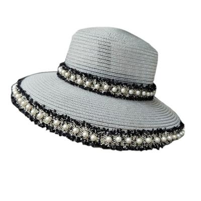 China 2021 New Fashion Striped Pearl Lace Up Shade Hat Summer Sun Hat Ladies Luxury Outdoor Classic Straw Hat for sale