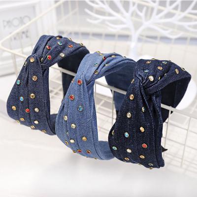 China Diamond Cross Hair Accessories Headband Wide Brimmed Cloth Hairpin New Product Gift Fabric Denim Retro Headband Female Hair Package for sale