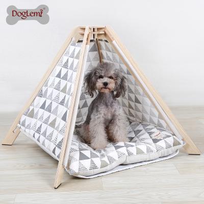 China Sustainable Canvas Pet Teepee Tent Wooden Nature Teepee Dog Cat House for sale