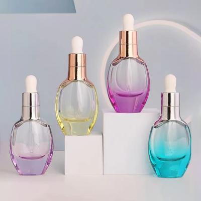 China High Quality Eco-friendly Gradient Cosmetic Flat Color Packaging 30ml Skin Care Dropper Glass Bottle For Essential Oil Serum for sale