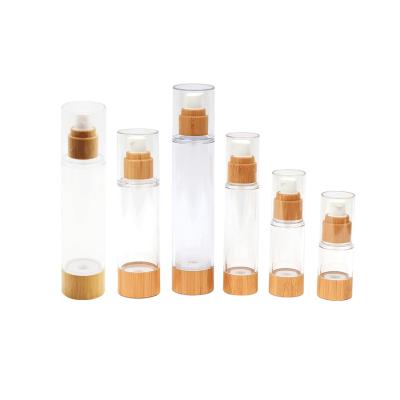 China Eco-Friendly Unique Bamboo Low Container Spray Vacuum Clear Skin Care Acrylic Round Fine Mist Vacuum Lotion Glass Airless Bottle for sale