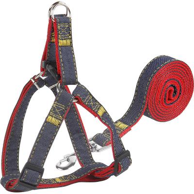 China Personalized Soft Pet Accessories Handle Jean Dog Outdoor Sports Adjustable Pet Leash Harness Set for sale