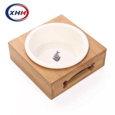 China Pet Viable Dining Table Stainless Steel Ceramic Pet Bowl With Wooden Stand Dog Food Bowl for sale