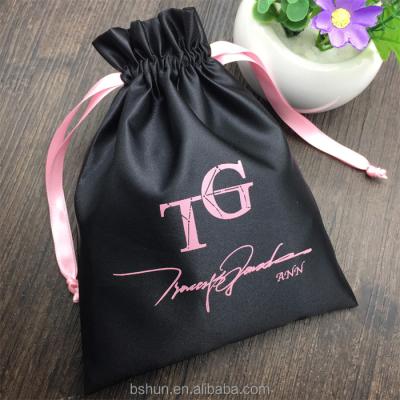 China Custom Luxury Black Thick Silk Drawstring Bundle Dust Hair Extension Bag With Logo Printing for sale