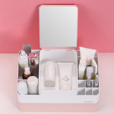 China Hot Selling Creative Universal Cosmetics Makeup Storage Box Plastic Storage Box Organizer With Mirror for sale