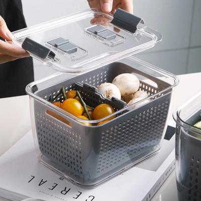 China Freshness Keeping OEM Kitchen Storage Box Plastic Vegetables Fruit Fresh-keeping Refrigerator Mesh Sieve Storage Organizer Box Basket for sale