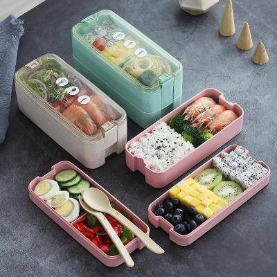 China Hot Sale Wheat Straw Three-Layer Student Lunch Box Outdoor Picnic Japanese Microwavable Bento Box Storage Box for sale