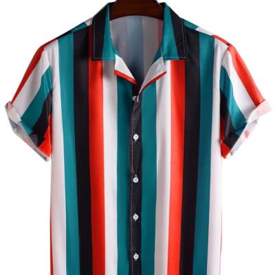 China New Fashion Design Beach Wear QUICK DRY Custom Color Blocking Stripes Button Up T Shirt Plus Size Men for sale