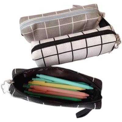 China Simple Large Capacity Plaid Canvas Pencil Case Portable Multifunctional Pencil Case Stationery Box for sale