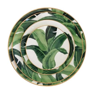 China 2021 New Fashion Elegant Green Banana Leaf Dinnerware Gold Edged Dinner Set For Table for sale