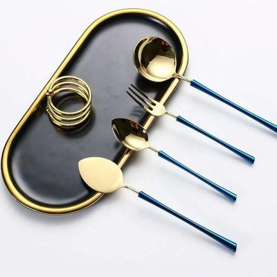 China Viable High Quality Black Gold Plated Outdoor Stainless Steel Flatware Flatware Knife Fork Spoon Set for sale