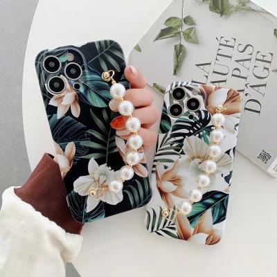 China Luxury Fashion Pearl Strap Shockproof Phone Case For iPhone 11 IMD Flower Series Material Phone Cover For iPhone 13 12 pro XS Max Case for sale