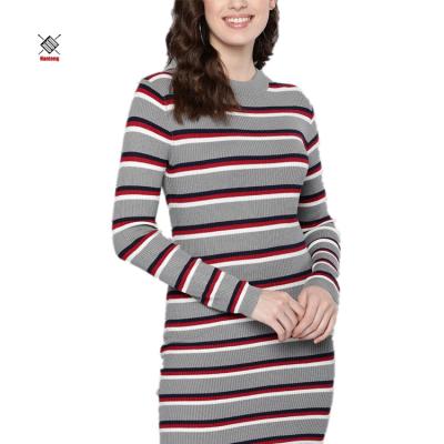 China High Quality Anti-Shrink Colorblock Knitwear Crew Neck Ribbed Corset Striped Winter Women Sweater Dress for sale