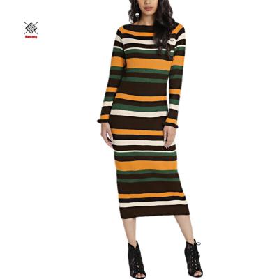 China Factory Wholesale High Quality Custom Women Anti Shrink Stripe Long Casual Knit Sweater Dress for sale