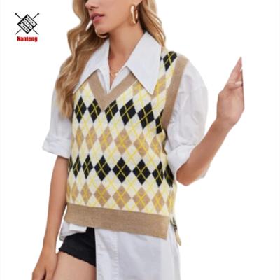 China Women Knitted Sleeveless Argyle Vest V-Neck Sweater Custom Made High Quality Wholesale Anti Shrink Cotton for sale