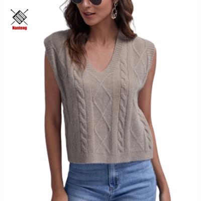 China Factory Wholesale High Quality V-Neck Anti-Shrinkage Custom Knit Solid Color Cable Vest Sweater Women for sale