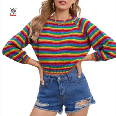 China Hot Sale Anti Shrink Rainbow Knitted Stripe Raglan Sleeve Short Waist Winter Pullover Sweater Women for sale