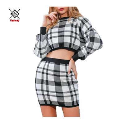 China Wholesale Anti-Shrink Crop Top Skinny Knitwear New Arrival Plaid Print Casual Skirt Women's Sweater Set for sale