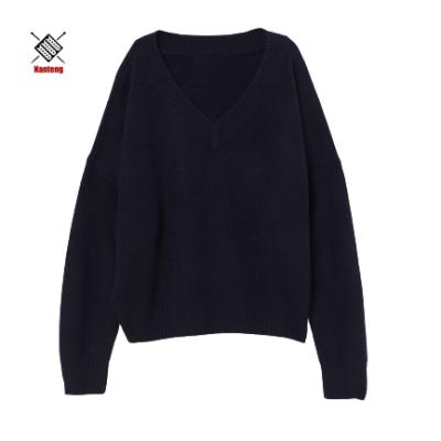 China OEM Anti-Shrink Blue Solid Fine Knit Winter Pullover Cashmere V-Neck Women's 100% Cashmere Sweater for sale