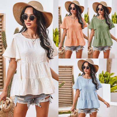 China Wholesale Solid Color Anti-pilling Round Collar Summer Girls Blouse Lotus Sleeve Short Sleeve Shirts for sale