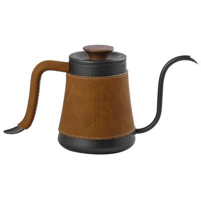 China Coffee Viable Tea Thermometer Kettle Gooseneck Cowhide Cowhide Walnut 600ml Stainless Steel Spill Over Maker Hand Drip V60 Coffee Kettle for sale